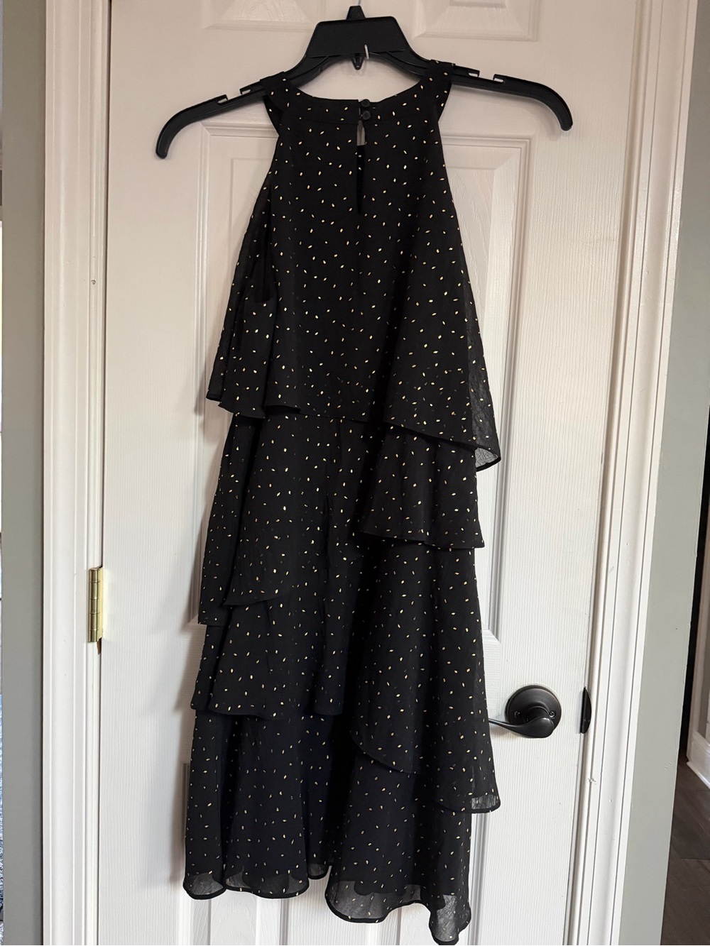 Ro & De Black Tiered Dress with Gold Accents midi sheer lined M - Picture 8 of 8